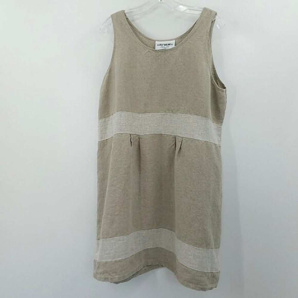 Vintage Aly Wear Linen Shift Dress Size L Tan Natural Sleeveless Minimalist USA